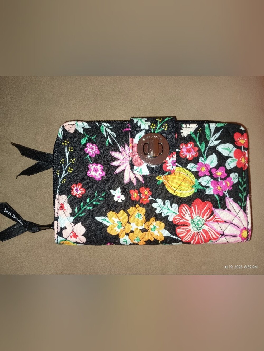 Vera Bradley Black Quilted Wallet with Black And Pink Floral Print - Picture 1 of 5